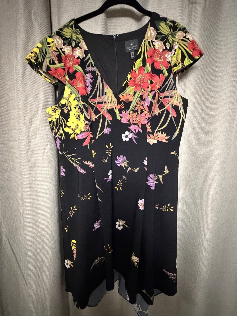 Adrianna Papell Black Floral V-Neck Midi Dress with Red and Yellow Blooms